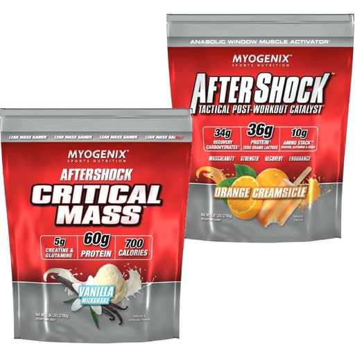 [BRSRYZYTPIARG3LH] Myogenix Critical Mass Vanilla 5lbs & Aftershock Orange Creamsicle 6 lbs – Critical Mass: Whey Protein Powder, Creatine & Glutamine – Aftershock: Recovery Carbohydrates, Protein Powder, & Aminos Stack