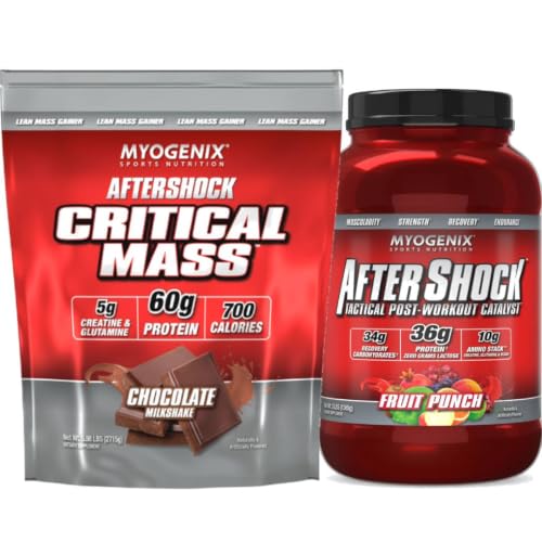 [BRSRYZABOF7WYCI2] Myogenix Critical Mass Chocolate 5 lbs & Aftershock Fruit Punch 3 lbs – Critical Mass: Whey Protein Powder, Creatine & Glutamine – Aftershock: Recovery Carbohydrates, Protein Powder, & Aminos Stack