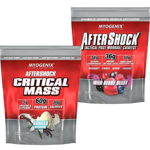 [BRSRYZAODMIW2E3K] Myogenix Critical Mass Vanilla 5lbs & Aftershock Wildberry Blast 6 lbs – Critical Mass: Whey Protein Powder, Creatine & Glutamine – Aftershock: Recovery Carbohydrates, Protein Powder, & Aminos Stack
