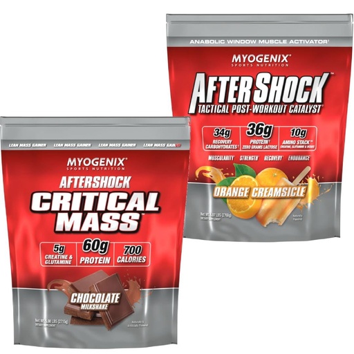 [BRSRYZAOCIMBY2T3] Myogenix Critical Mass Chocolate 5 lbs & Aftershock Orange Creamsicle 6 lbs – Critical Mass: Whey Protein Powder, Creatine & Glutamine – Aftershock: Recovery Carbs, Protein Powder & Aminos Stack