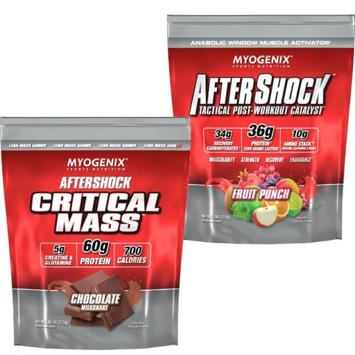 [BRSRYZABOJ6AM3LP] Myogenix Critical Mass Chocolate 5 lbs & Aftershock Fruit Punch 6 lbs – Critical Mass: Whey Protein Powder, Creatine & Glutamine – Aftershock: Recovery Carbohydrates, Protein Powder, & Aminos Stack