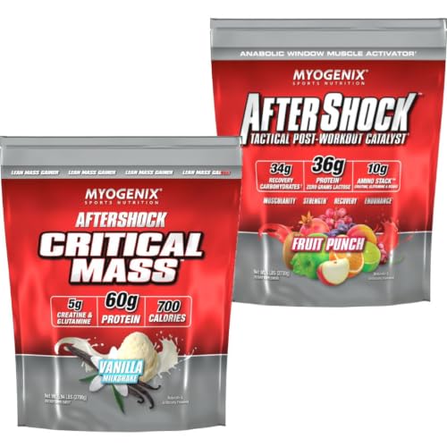 [BRSRYZAODIAWCYDV] Myogenix Critical Mass Vanilla 5lbs & Aftershock Fruit Punch 6 lbs – Critical Mass: Whey Protein Powder, Creatine & Glutamine – Aftershock: Recovery Carbohydrates, Protein Powder, & Aminos Stack