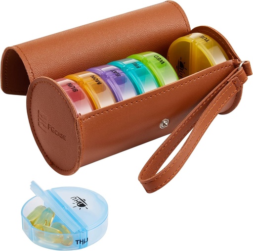 [BRSWYAT5C4HRECQ2] FGcase Weekly Pill Organizer 2 Times a Day Large 7 Day Rainbow Pill Box with Brown PU Leather Case Portable Travel Medication Container AM PM Pill Box for Vitamins, Fish Oils, Medicine, Supplements