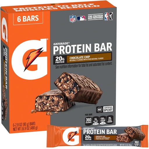 [BRSWKGQZBEAB2ET2] Gatorade Whey Protein Recover Bars Chocolate Chip, 2.8 Oz, 6 Ct