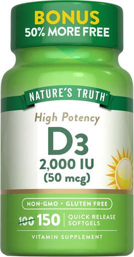 [BRSWKFA6CIHA2CQV] Nature's Truth Vitamin D3 2000 IU Softgels for Adults | 150 Count | High Potency | Non-GMO and Gluten Free Supplement