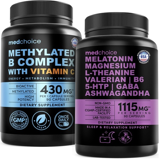[BRSRGCDRB4PB4CDD] MEDCHOICE Methyl B Complex Capsules and Melatonin 90 Count - High Potency B Vitamin Supplement and Nightly Sleep Support for Daily Wellness and Restful Evenings