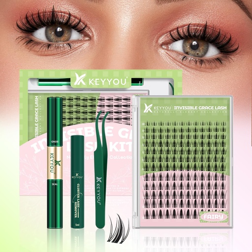 [BRSRAGQOCEHWGYI6] KEYYOU Fairy Lash Clusters Kit, Manga Eyelash Extension Kit at Home, 144pcs D Curl Wispy Natural Invisible Band Lash with Waterproof Lash Extensions Kit (Fairy-D-8-18MIX)