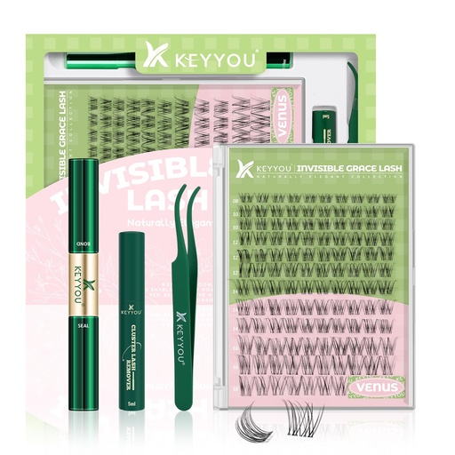 [BRSRACQPAQIBYHIY] KEYYOU Venus Lash Clusters Kit Fairy Lash Extension Kit C Curl 120Pcs Eyelash Extension Wispy Natural Invisible Band with Waterproof DIY at Home(Venus-C-8-16MIX)