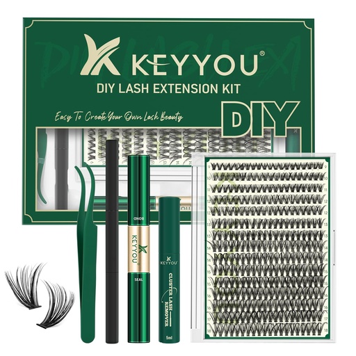 [BRSROEIHCMBGKFDU] KEYYOU Lash Extension Kit DIY 300Pcs Lash Clusters Kit 40D 0.07 D Curl 9-18MIX Eyelash Extension Kit Individual Lashes Kit with Lash Bond and Seal, Lash Tweezers and Remover for Self Use