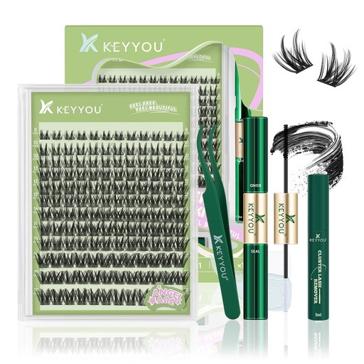 [BRSREYIKPMBBG3YV] KEYYOU Angel A02 Lash Clusters Kit with Bond,Seal, Remover, and Tweezers | Angel natural lash clusters. 8-18mix D curl. DIY at home. For daily wear & events.