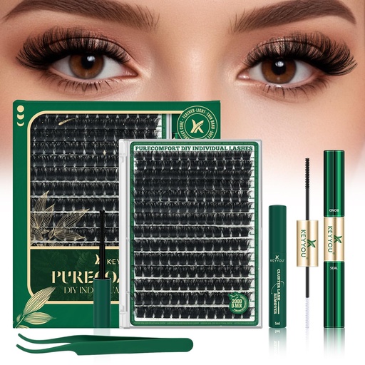 [BRSRACQZDN4B6GT3] KEYYOU Lash Clusters Kit 182pcs Thick Volume Lash clusters 200D D Curl Wispy Easy to Apply with Lash Bond and Seal Lash Applicator Lash Remover Lash Extension Kit at Home(RMkit-200D-D-10-18mix)
