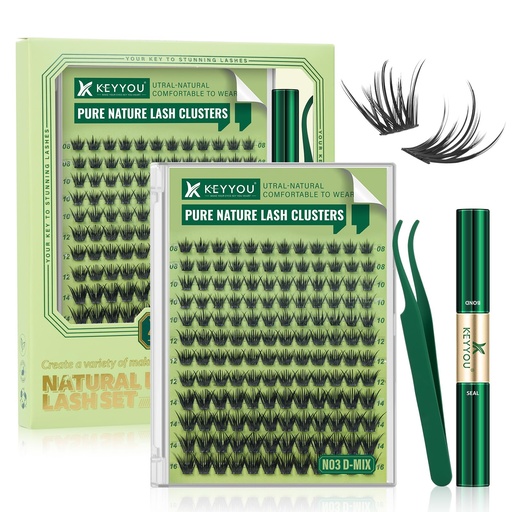 [BRSRAEILOR7QKFY2] KEYYOU Natural Lash Clusters Kit 144Pcs DIY Lash Extension Kit Wispy Eyelash Extensions Kit D Curl 8-16MIX with Bond and Seal and tweezers with Thin Lash Band(KIT-N03-D-8-16MIX)