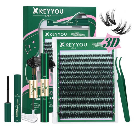 [BRSREGQBOUDRED3P] KEYYOU Flaunt Lash Clusters Kit 3D Spider DIY Lashes Extension Kit Thick Eyelash Clusters 144pcs Individual Lashes Fluffy Wispy Volume Lashes with Waterproof Lash Bond and Seal & Remover (F01)