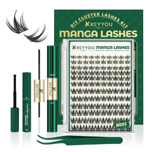 [BRSREEIRDINAGHTK] KEYYOU Lash Manga Lash Clusters Kit 8-18mm Eyelash Clusters Kit DIY Lash Extension Kit Natural Fairy Cluster Lashes with Lash Bond Seal Remover Applicator Soft Thin Band(MG03)