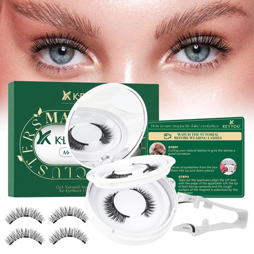 [BRSREEL3OJ7Q23LV] KEYYOU Daily Wear Reusable Magnetic Eyelashes 2 Pair with Applicator No Glue Needed 3D Natural Magnetic Lashes, Easy to Apply & Long Lasting for Daily Use & Events(A01+A01)