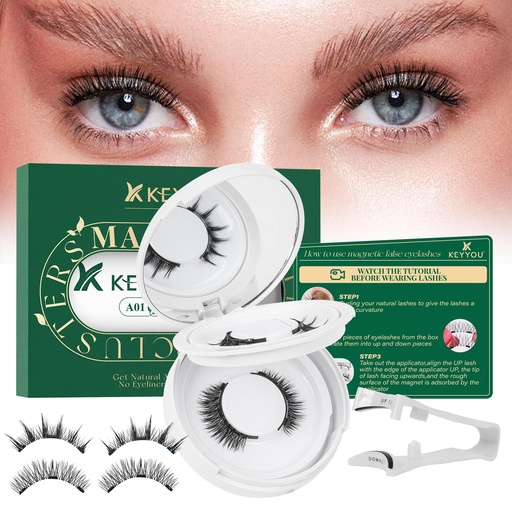 [BRSREELYAUNGAD32] KEYYOU Daily Wear Reusable Magnetic Eyelashes No Glue Needed 2 Pair with Applicator, Easy to Apply & Long Lasting for Daily Use & Events D Natural Magnetic Lashes(A01+A02)