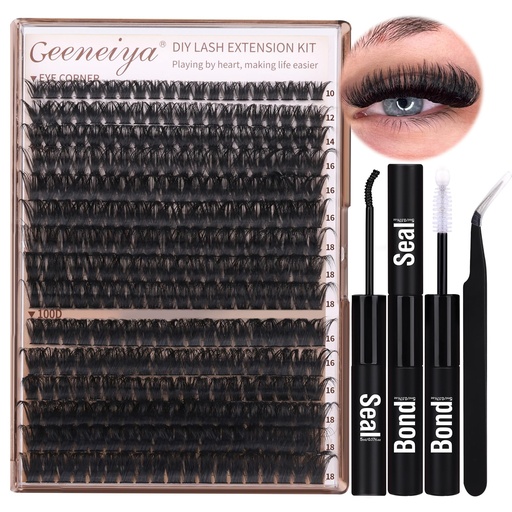 [BRSROBLYOUBQGDLF] Geeneiya Volume Lash Clusters Kit DIY Lash Extension Kit D Eyelash Extensions with Lash Bond and Seal Tweezers,10-14mm Eye Corner Eyelashes and 16-18MM Cluster Lashes 300Pcs