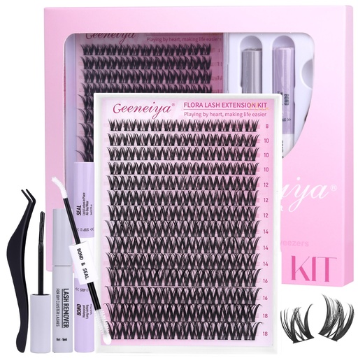 [BRSREHADOIFRQ2Q2] Geeneiya FLORA Lashes Clusters Kit DIY Lash Extension, 8-18MM Wispy Lash Clusters, Ultra-thin Soft Band Eyelash Extension Kit with Waterproof Lash Bond and Seal, Lash Remover, Tweezers for Beginners