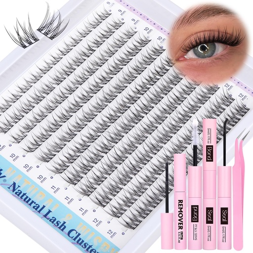 [BRSRAFQ5BB4AIFL3] Natural Lash Clusters Kit DIY Lash Extension Kit Wispy Eyelash Extension Kit C-curly Individual Lashes Kit 9-12MM Short Eyelash Clusters with Lash Remover by Newcally