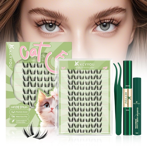[BRSREHYROAFRMYIV] KEYYOU Bunny Lash Clusters Kit Anime Cat Lash Clusters 72pcs Wispy Natural Cat style Lash Extension Kit with Bond and Seal,Applicators,Remover for Manga DIY Eyelash Extension Kit at Home（MC03）