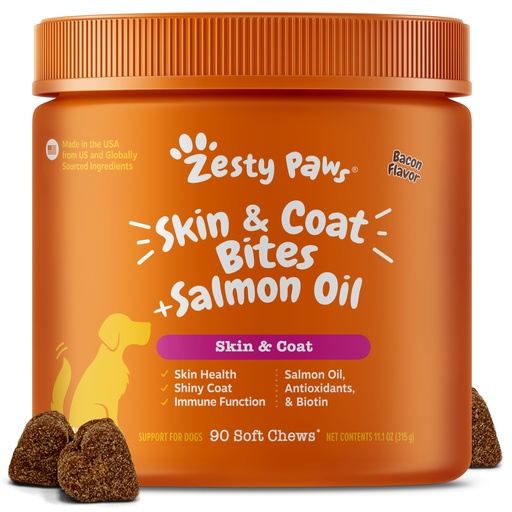 [BRSWGGQDAAORQ23Z] Zesty Paws Salmon Oil for Dogs - Omega 3 Fish Oil Chews, Bacon, 90 Ct