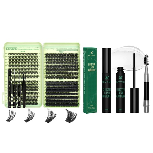 [BRSRYZDQBV5GO3T2] KEYYOU 584 Pcs Lash Clusters Kit 60/80/100/200D MIX 10-18mm D Curl Fluffy Wispy + Lash Remover 10mL, Professional DIY Eyelash Extension Bundle with Bond, Seal & Applicators for Natural Salon Look