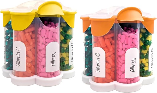 [BRSRAYAFCF6AAET7] Extra Large Pill Organizer Daily, Weekly, Monthly Supplement Bottle, Cute Blossom Pill Dispenser with 7 XL Compartments (2 Pack Combo) (Orange and Yellow)