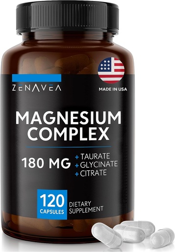 [BRSWYA33CV4AKGQ2] Triple Magnesium Complex Supplement (120 Vegan Capsules) - 180mg of Magnesium Glycinate Taurate and Citrate - Calm Magnesium Complex Supplements