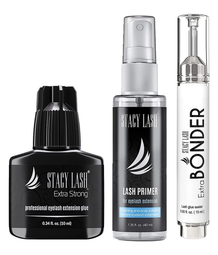 [BRSROZIKCRYGK2AY] Extra Strong Eyelash Extension Glue 10ml & Extra Bonder 15ml & Primer/Cleanser 40ml - Stacy Lash/Black Adhesive 0.5-1 Sec Drying Time/Super Sealer/Protein Oil Remover/Professional Supplies