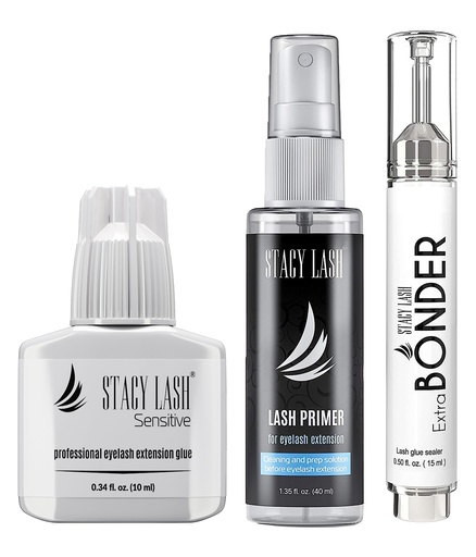 [BRSRO2T3OZ5GKDLH] Sensitive Eyelash Extension Glue 10ml & Extra Bonder 15ml & Primer/Cleanser 40ml - Stacy Lash/Black Adhesive 5-6Sec Drying Time/Low Fume/Sealer/Protein Oil Remover/Professional Supplies