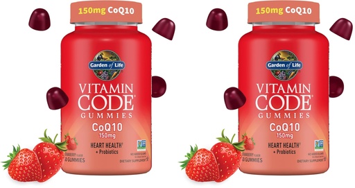 [BRSRGGQNCJYGM33P] Garden of Life Vitamin Code CoQ10 Gummies - Heart Health and Cellular Energy Support with Prebiotics and Probiotics, Gluten-Free, Non-GMO, Strawberry Flavor, 60 Gummies (Pack of 2)