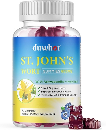 [BRSRAYACDJ7GOD3L] St John's Wort Gummies 600mg, 3 in 1 Organic Herbal Supplements for Stress Relief, Nervous System Support, with Ashwagandha & Holy Basil Extract for Adults & Kids, Non-GMO, Vegan, 60 ct.