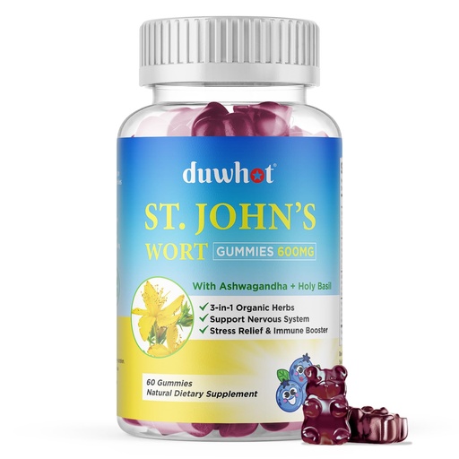 [BRSRAYACDJ7GOD3L] duwhot St John's Wort Gummies 600mg, 3 in 1 Organic Herbal Supplements for Stress Relief, Nervous System Support, with Ashwagandha & Holy Basil Extract for Adults & Kids, Non-GMO, Vegan, 60 ct.