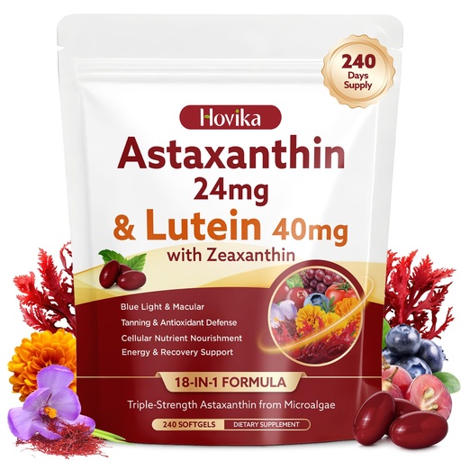 [BRSRGAIPAB5QYD3X] 18-in-1 Astaxanthin 24mg & Lutein 40mg with Zeaxanthin Supplements, Fresh Microalgae Source with Lycopene, Grape Seed, Vitamin E, & More Supports Eye, Skin, Antioxidant, 8 Month Supply, 240 Softgels
