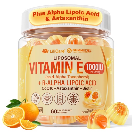 [BRSRYYA5BUNWCC3V] Natural Vitamin E 1000 IU Gummies (450mg D-Alpha) + R Alpha Lipoic Acid 1000mg, Liposomal Vitamin E Supplement w/ Q10, Astaxanthin, Vitamin C, Biotin for Antioxidant, Skin, Energy, Brain, Immune 60Ct