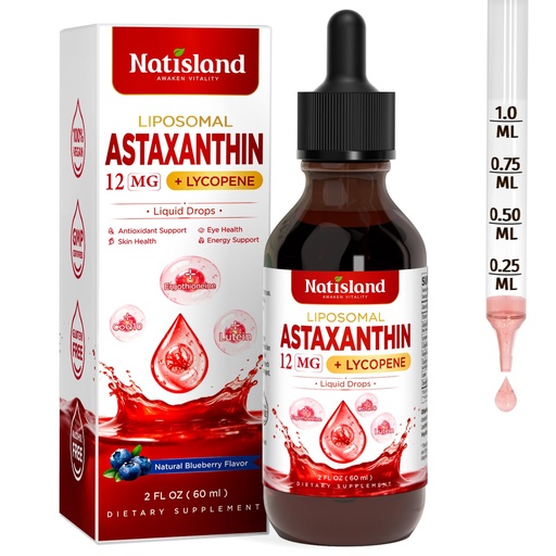 [BRSRGBIFAQFGYGY2] Liposomal Astaxanthin 12mg Supplements, Organic Astaxanthin Liquid with MCT Oil, Lycopene, Zeaxanthin & Ergothioneine, Antioxidant for Skin & Eye Health, Blueberry Flavor, 2 FL OZ