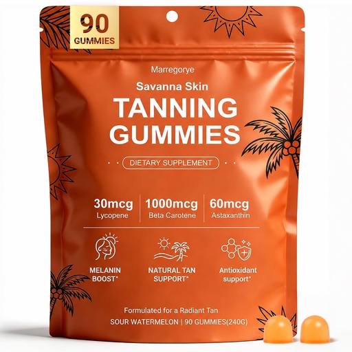 [BRSRGBQYBMJQE3YY] Savanna Skin Tanning Gummies for Women with Astaxanthin, Beta Carotene & Vitamins – Sun-Kissed Glow, Skin Hydration & Radiance, Vegan & Sugar-Free Natural Bronzing Support – 90 Count