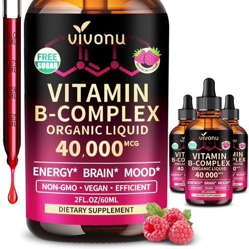 [BRSRG2QPCF7BQ2D4] VivoNu Vitamin B Complex Liquid Drops, Methylated Vitamin B12 6000 mcg, B1, B6, B3, B5, B2, Folate, Biotin with Vitamin C D A E, Magnesium, Zinc, CoQ10 for Energy (3 Bottle)