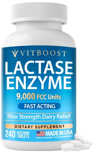 [BRSRGGA5DMNQ4GTL] VITBOOST Lactase Enzyme 9,000 FCC Units - Lactose Intolerance Relief - 240 Fast Acting Tablets - Max Strength Dairy Relief Supplement - Vegetarian, Non-GMO, Made in USA