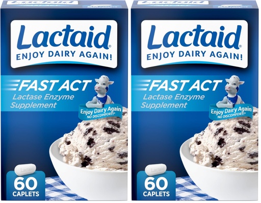 [BRSRMBD4CR7BA2DZ] Lactaid Fast Act Lactose Intolerance Relief Caplets, Lactase Enzyme to Prevent Gas, Bloating and Diarrhea Due to Lactose Sensitivity,Serve Supplements for Travel and On-The-Go, 60 Count (Pack of 2)