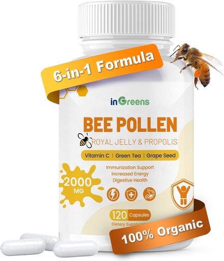 [BRSRA2QZBB5BOETZ] 6-in-1 Bee Pollen Supplement, Qadınlar və Kişilər üçün Bee Pollen, Immune & Energy Support, Qeyri-GMO, Made in USA, 120 Kapsüls