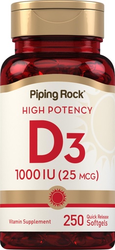 [BRSRMBQ3OYPQED3B] Piping Rock Vitamin D3 1000IU | High Potency (25 mcg) | 250 Softgels | Non-GMO, Gluten Free Supplement