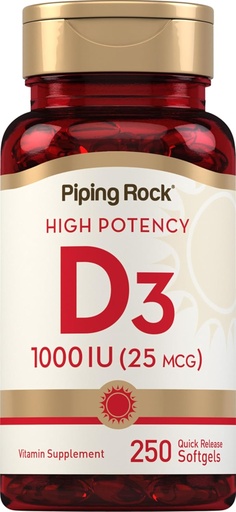 [BRSRMBQ3OYPQED3B] Piping Rock Vitamin D3 1000IU høy styrke (25mg) 250 Softgels ikke-GMO, Glutenfri Supplement