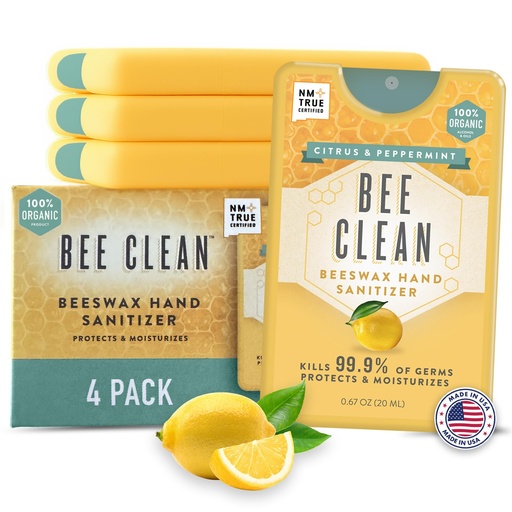 [BRSW2EITBAFRO3LL] 4-Pack Citrus Peppermint Hand Sanitizer Spray - Travel Size Mist with Organic Ethyl Alcohol, Beeswax - Moisturizing with Essential Oils, Non-Toxic, Made in USA