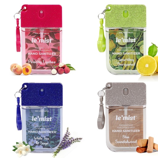 [BRSRGGQTBB4BSYAV] Le’Mist Freshspritz Fragrance Mist Hand Sanitizer Sprays (Blue Sandalwood, White Tea & Sage, Sparkling Bergamot, Peachy Lychee), 1.5 fl oz Each (Pack of 4) - Portable Pocket Spray with Clip-On Design