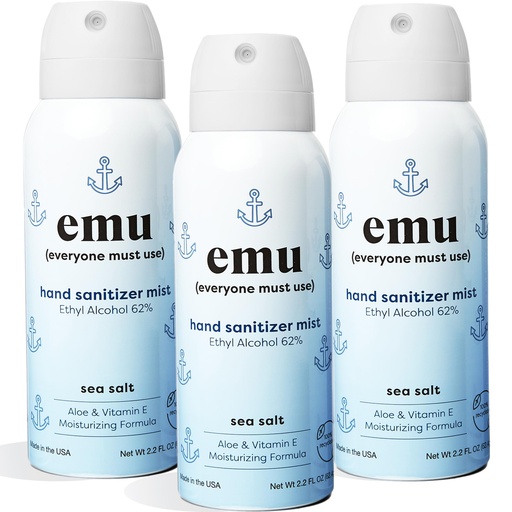 [BRSREGAEA4CAKE3U] EMU (EVERYONE MUST USE) Hand Sanitizer pocket spray, Travel size 2.2oz. Cleanses Your Hands, Hydrating. Hand soap bulk. 24-hour disinfectant sanitizing. Made in USA (Pack3_Sea_Salt)