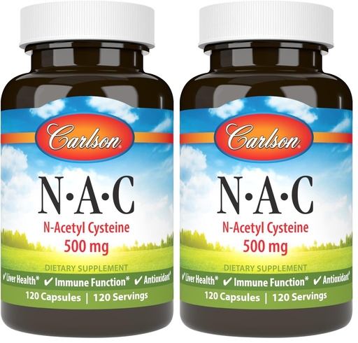 [BRSRGFI7BYNWC2TD] Carlson - NAC, N-Acetyl Cysteine, 500mg, Liver Health, Immune Function, Antioxidant, 120 Vegetarian Capsules (Pack of 2)
