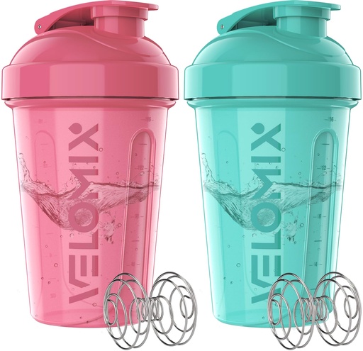 [BRSRAGQNOAHBUALX] VELOMIX -2 Pack- 20 oz Protein Shaker Bottles for Protein Mixes - 2x Wire Whisk | Leak Proof Shaker Cups for Protein Shakes and Pre Workout | Protein Shaker Bottle Pack (A4) Pink/Turquoise
