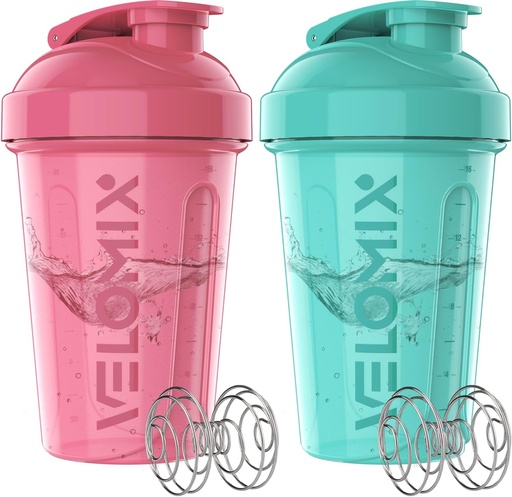 [BRSRAGQNOAHBUALX] VELOMIX -2 Pack- 20 oz Protein Shaker Bottles for Protein Mixes - 2x Wire Whisk | Leak Proof Shaker Cups for Protein Shakes and Pre Workout | Protein Shaker Bottle Pack (Pink/Turquoise)