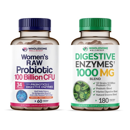 [BRSROCQNAENWGE3P] Wholesome Wellness Dr. Formulated Raw Probiotics for Women 100 Billion CFUs + Digestive Enzymes 1000MG Plus Prebiotics & Probiotics Supplement Bundle